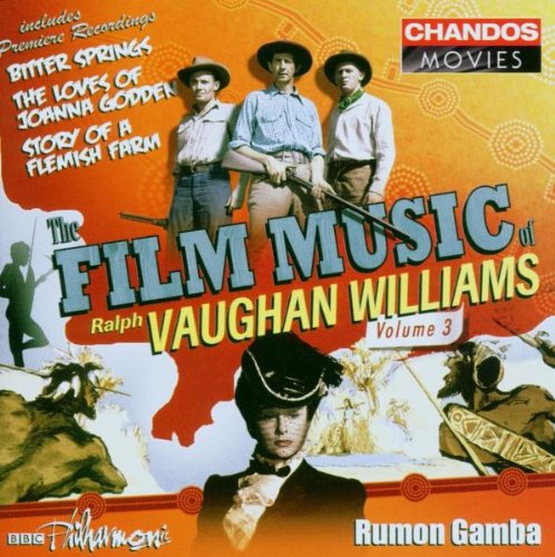 "CD cover with orange background, images of men, and title 'The Film Music of Vaughan Williams'."