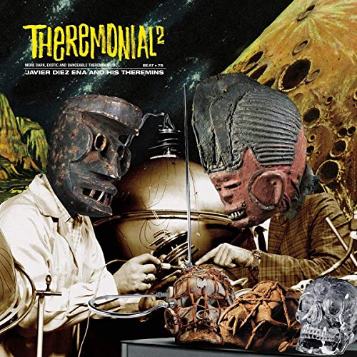Vinyl album cover featuring two men playing theremins with grotesque masks.