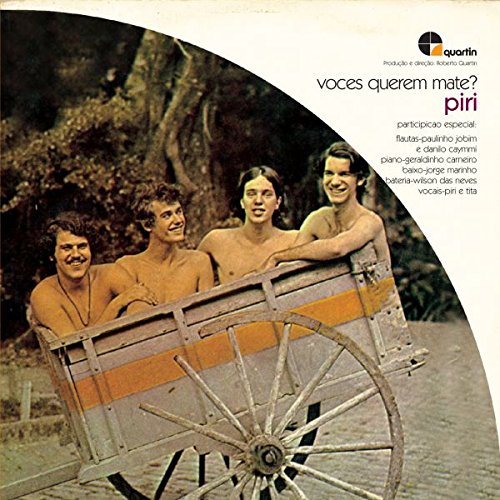 "CD cover featuring three topless men and one woman behind a wooden cart."