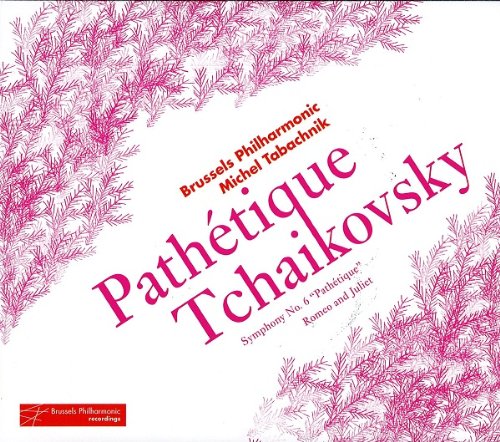 "CD cover with pink floral pattern and red text featuring Tchaikovsky's name prominently."