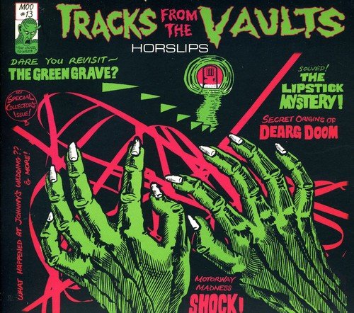 "Album cover with green hands and red lines on a black background."