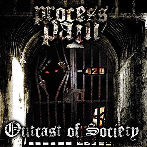 "Dark album cover with a prison gate and a shadowy figure with glowing red eyes."