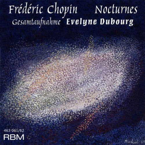 "CD cover with abstract blue and white design, featuring Chopin nocturnes by Evelyne Dubourg."