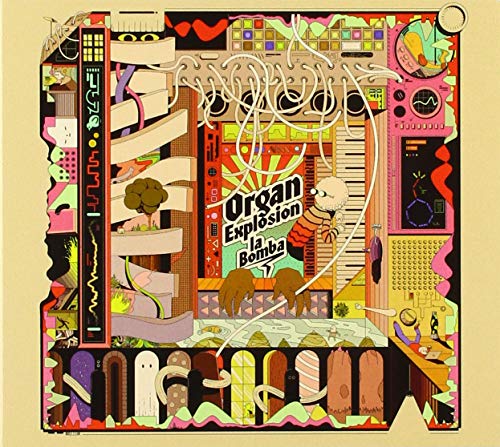 The image depicts a vibrant, abstract album cover with a central title. "Colorful abstract album cover with 'Organ Explosion La Bomba' text in the center."
