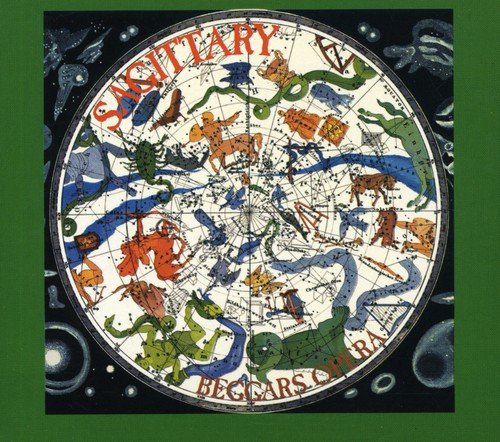 "Album cover with a colorful star chart and 'Sagittary' written in red on a black background."