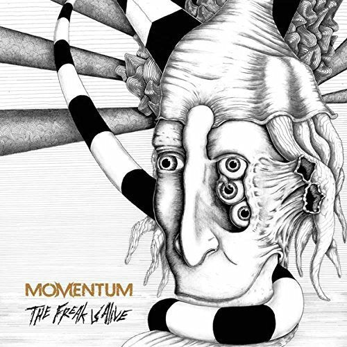 "Album cover art featuring a surreal, black and white illustration of a face."