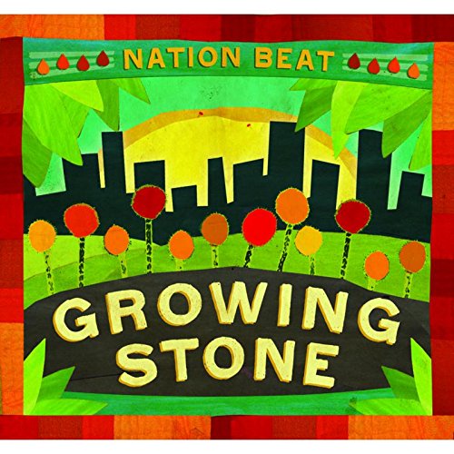 "Album cover with cityscape, trees, and text 'Nation Beat' and 'Growing Stone' on red background."