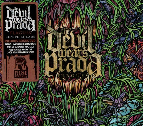 "The Devil Wears Prada - Plagues" album cover with colorful, abstract, insect-like illustration.