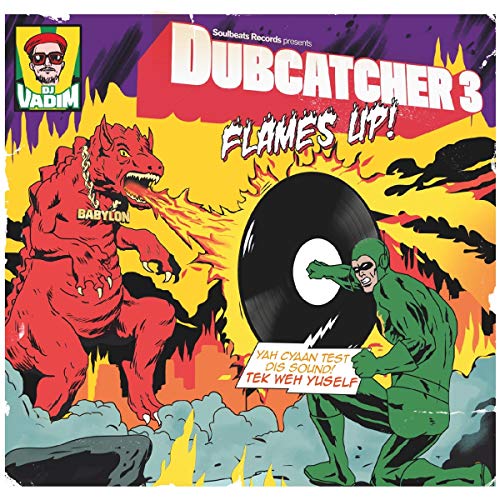 "Vinyl record cover with cartoon devil and superhero fighting, surrounded by flames."