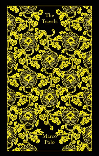 "Black book cover with yellow floral pattern and title 'The Travels' by Marco Polo."