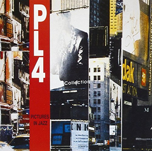 "Album cover with city street scene and red banner with 'PL4' and 'Pictures in Jazz'."