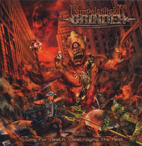 "Album cover art featuring a grotesque monster amidst a war-torn cityscape with zombies."