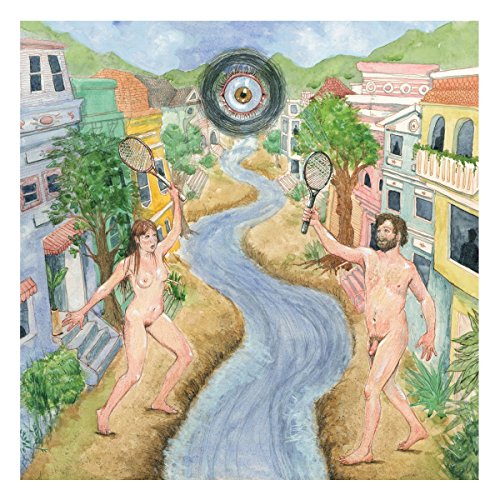 Album cover art: nude man and woman with tennis rackets by a winding stream.