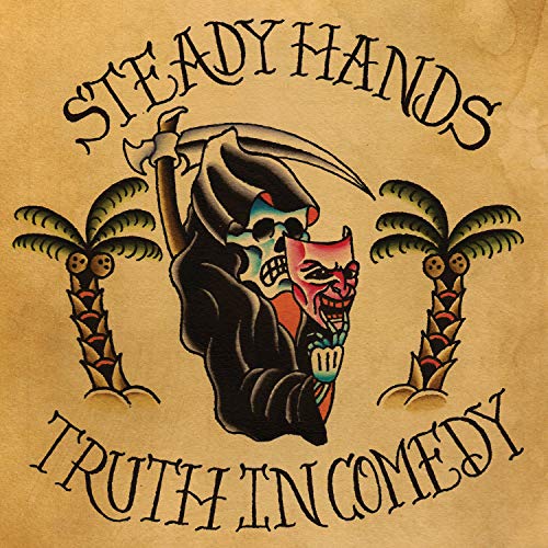 "Vinyl record cover featuring a grim reaper illustration with palm trees on a brown background."
