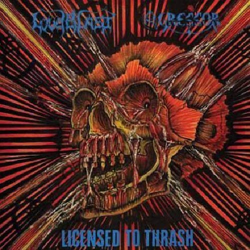 "Album cover featuring a skull with red eyes, surrounded by explosive motion lines."