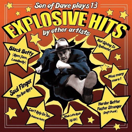 "Album cover with a man in a hat surrounded by yellow stars on an orange background."