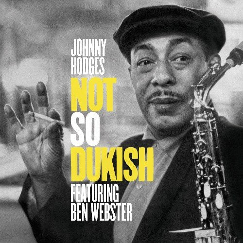 Black and white image of man holding saxophone with text overlay on music album cover.