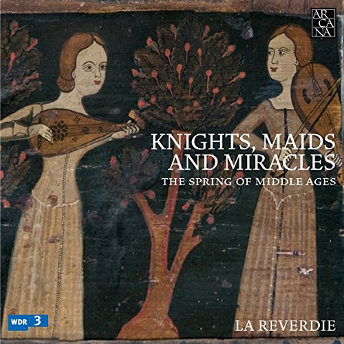 "CD cover featuring medieval painting of two women playing string instruments under a tree."