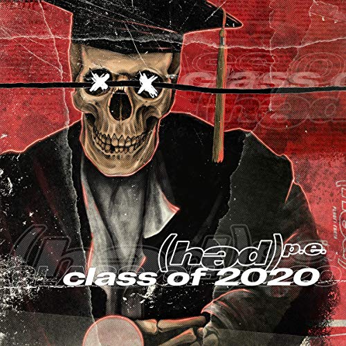 "Album cover featuring a skeleton in a graduation cap and gown, with red background."