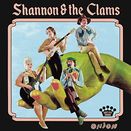"Album cover featuring four musicians sitting on a giant green onion against a blue background."