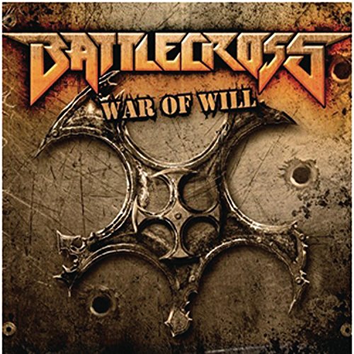 The image is a metal-themed album cover with the title "War of Will" by Battlecross. For accessibility purposes, a concise alt text could be: "Album cover with metal knuckles and 'Battlecross War of Will' text."
