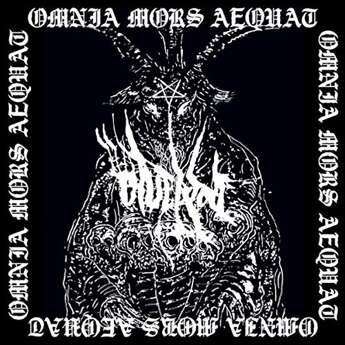 A black album cover with white illustration of a horned figure and text.