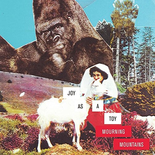 "Collage of a bride, goat, and gorilla with torn text labels on a landscape background."