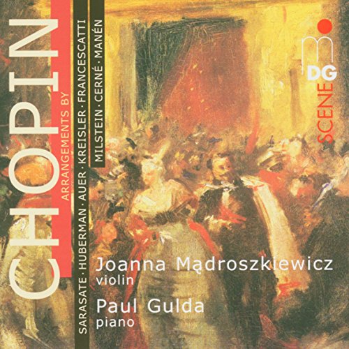 "CD cover featuring a ballroom scene painting with 'Chopin' written vertically on the left."