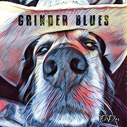Painted portrait of a dog wearing a straw hat, album cover.