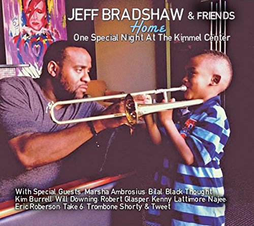 "Album cover featuring a man and a boy playing trombones together."