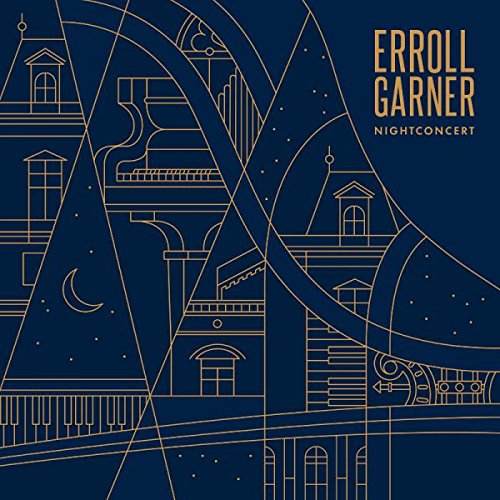 "Album cover with gold abstract cityscape on dark blue background, titled 'Erroll Garner Nightconcert'."
