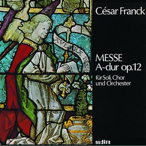 "CD cover with stained glass image and white text on dark green background."