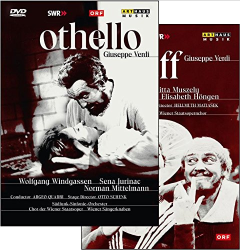 DVD cover for "Othello" and "Falstaff" operas, featuring two contrasting black-and-white images.