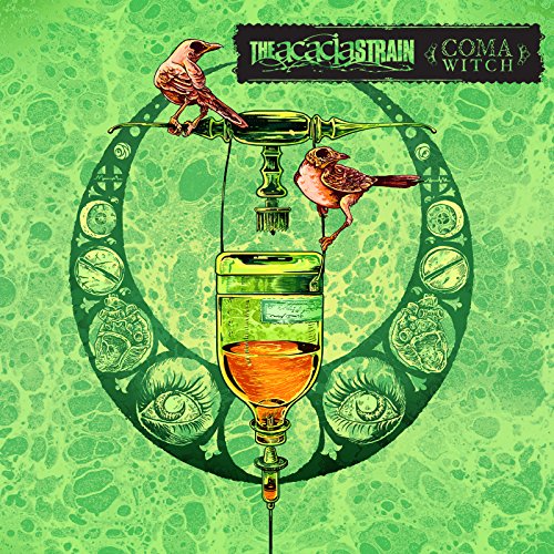 "Album cover art featuring two birds on a medical device, green background."