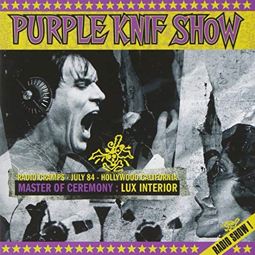 "Album cover with a black-and-white image, purple and yellow text, and star accents."