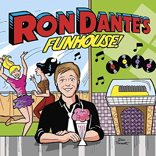 "Album cover for 'Ron Dante's Funhouse' featuring cartoon man with milkshake and dancing girls."