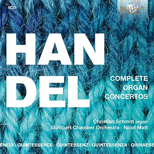 CD cover with blue textured background and white text "HANDEL COMPLETE ORGAN CONCERTOS".