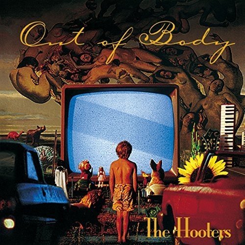 Album cover with a boy watching TV, surrounded by surreal elements and yellow text.