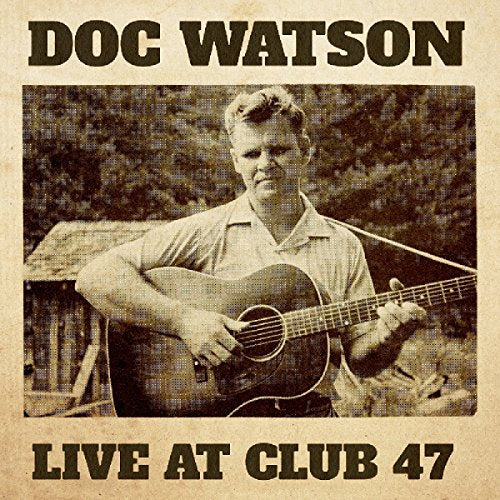 "Sepia-toned album cover with Doc Watson holding a guitar, outdoors, in a rustic setting."