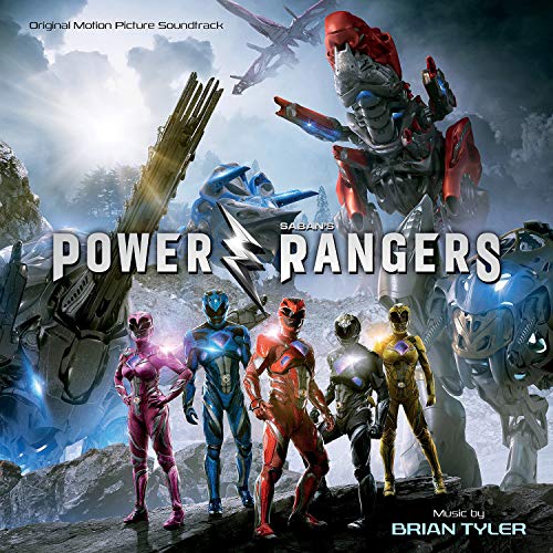 Power Rangers soundtrack vinyl cover featuring colorful superheroes and giant robots in action.