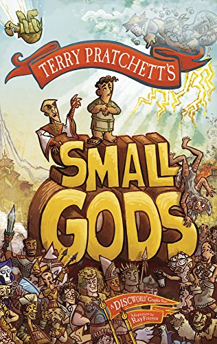 "Book cover of 'Small Gods' with cartoon characters and bold yellow title."