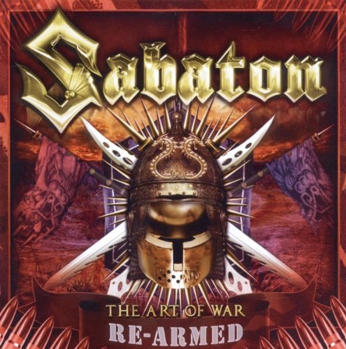 "Album cover featuring a medieval helmet surrounded by swords and the band name Sabaton."