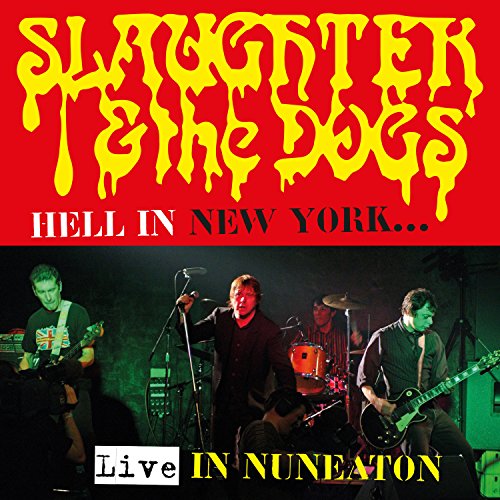 Red album cover with yellow text, featuring a band performing on stage below.