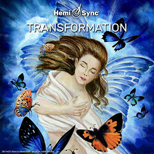 "CD cover art: serene woman surrounded by butterflies, blue cloudy background, 'Transformation' title."