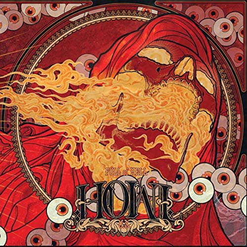"Album cover with a red-robed figure and a fiery skull surrounded by eyes."