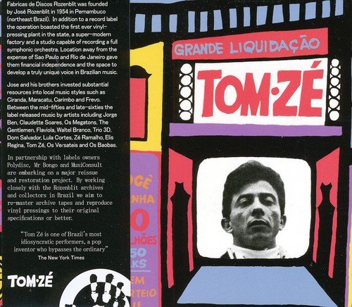 "Album cover with colorful storefront design and black-and-white portrait of Tom Zé."