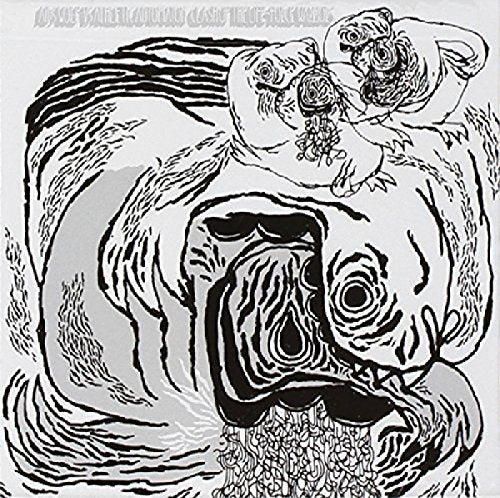 Black and white illustration of a wolf-like creature with a robotic figure on its head.