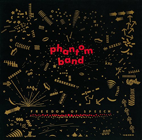 "Album cover with 'phantom band' in red, surrounded by gold symbols on a black background."