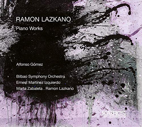 "CD cover with abstract black and purple design, white text listing 'Ramon Lazkano Piano Works'."