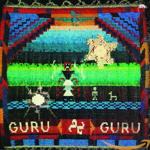 "Pixelated video game cover art with 'Guru Guru' text and fantastical characters."